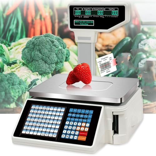 Digital Price Computing Scale Commercial LCD Screen Counting Scales 6/15/30kg Capacity with Pole Display and Label Printer for Supermarket Trade Retail Store Warehouse Weighing