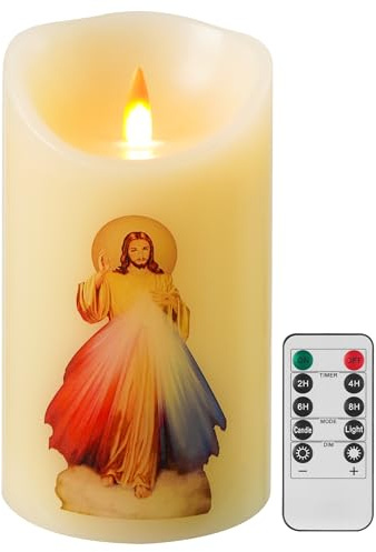 Divine Mercy of Jesus - Vela LED de oración devocional – Vela religiosa a pilas con control remoto y temporizador, mecha 3D de cera real, 6 x 3.2 pulgadas para festivales religiosos, altar del hogar
