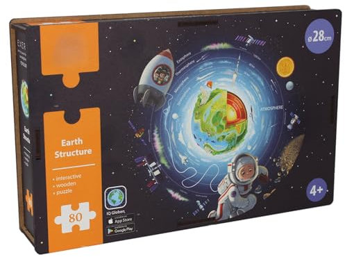 EXERZ 80pcs Wooden Puzzles Round Diameter 28cm, “Earth and Space”, Unique Round shape, Wooden Jigsaws World Map Interactive AR feature with free iOS App