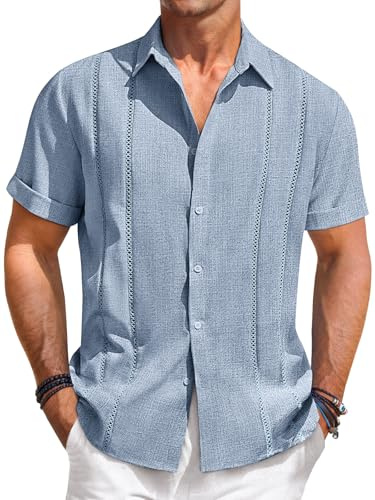 Runcati Camicie da uomo Guayabera Estate stile di lino cubano Camicia da spiaggia a maniche corte Button-Down Messico Camicie, celeste, L