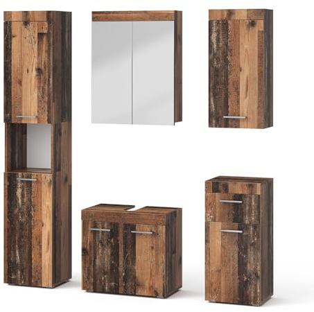 Vicco Ensemble de Meubles de Salle de Bains Luna, Oldstyle, 60 cm | composé d’un meuble sous-lavabo, armoire miroir, colonne, demi-colonne et meuble haut