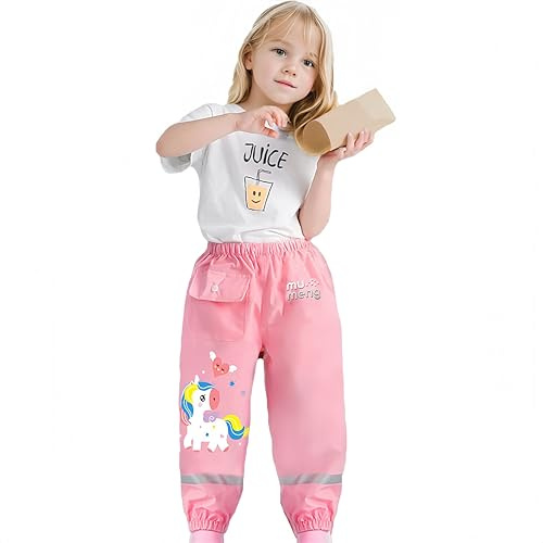 Coralup Toddlers Kids Rain Waterproof Pants Little Boys Mud Dirty Proof Trousers Kids Lightweight Rainwear Pink Horse 2-3 Years