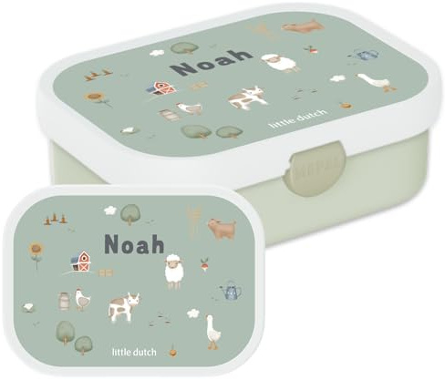 Mepal Fiambrera Campus Little Dutch – Fiambrera Bento personalizada con nombre para niños – Inserto bento y tenedor – Cierre de clip – Sin BPA y apto para lavavajillas – 750 ml – Little Farm
