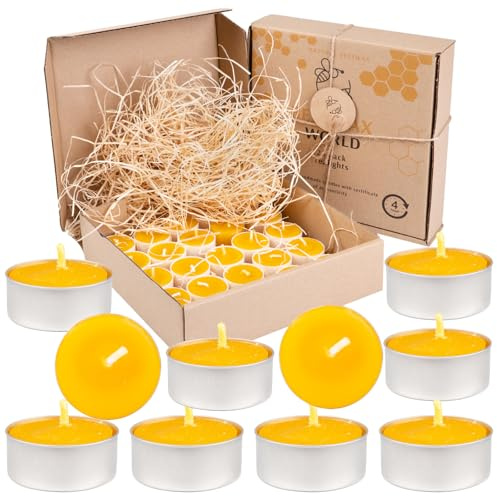 BeesWax World – Candele 100% cera d'api con stoppino in cotone – 4h di combustione – Set da 10 o 50 pezzi – Candele ecologiche in cera d'api con plastica riciclata (25, Metallo)