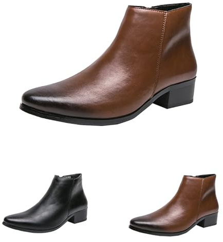 Generisch Botas de cuero para hombre forrado con tacón, botas cortas planas puntiagudas, cómodas botas de barco botas de barniz botines llanos, botas de cuero botas de montar de moda marrón y negro
