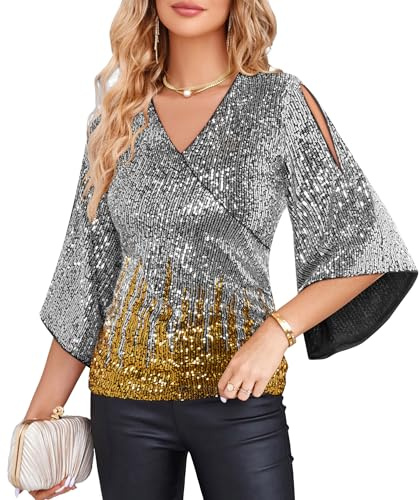 GRACE KARIN Top da donna con paillettes manica a 3/4 glitter scintillante camicetta da festa avvolto scollo a V autunno camicia per uscire, XXL