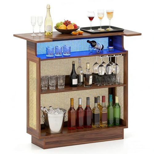 LIFEZEAL Bartisch Holz, Hausbar Theke Bar mit LED-Beleuchtung, Küchenregal Rattan mit Gläserhalter & Regal, Bistrotisch Stehtisch Bartresen Industrie-Design, 55 x 120 x 110 cm