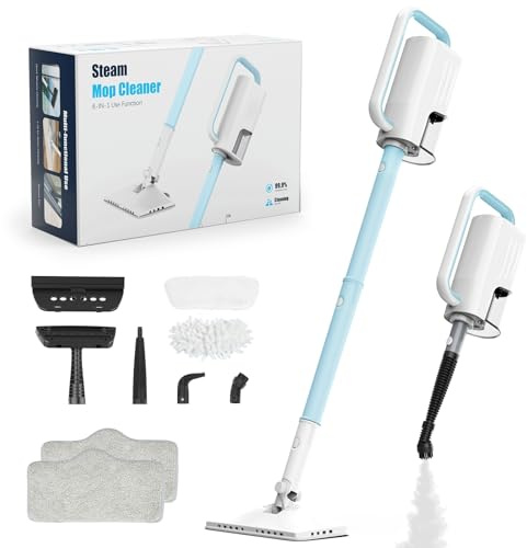 Steam Cleaner, 6 in1 Rotated Steam Mop Cleaner with 2 Modes, 2 Microfiber Pads, 400ML Removable Tank, 23FT Power Cable, Detachable Steam Mops for Floor, Laminate Floor, Tiles Cleaning (Ice Blue)