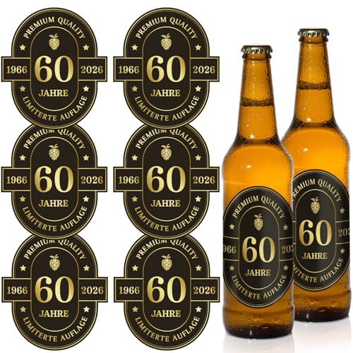 6 Stück Flaschenetikett 60. Geburtstag, Bierflaschen 10x7,8cm Schwarz-Gold selbstklebend Etikett 60 Geburtstagsdeko Geburtstagsgeschenk für Frauen Männer (60)