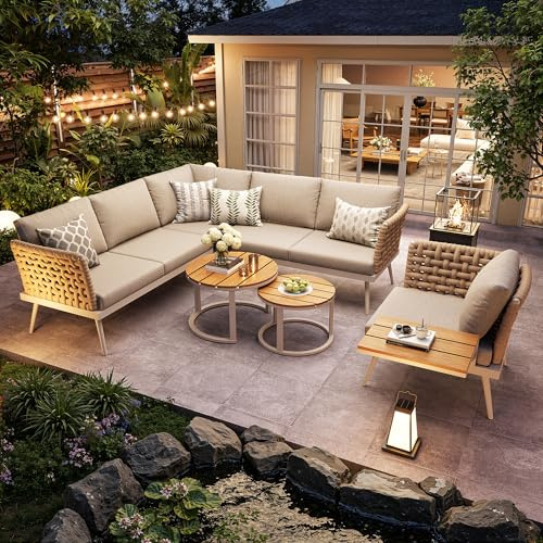 Kebnor Set di divani da giardino a forma di L, con braccioli intrecciati a mano, in ferro, resistente alle intemperie, include 2 tavolini in legno e poltrona, con imbottitura/grigio/beige (beige)