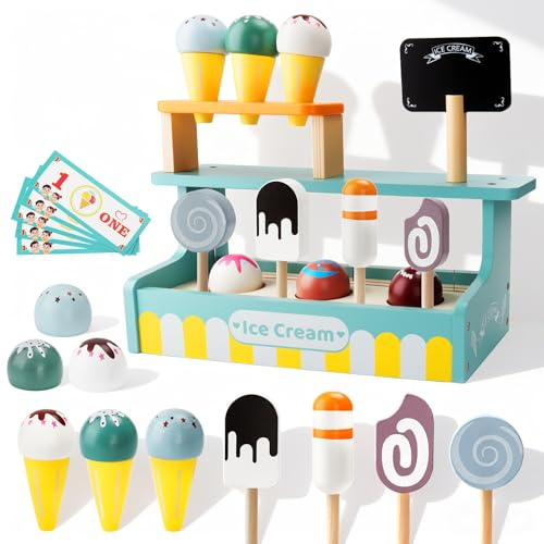 TOSUTO Glacier en Bois pour Enfant,Glacier Jeu Accessoires de Cuisine,Jouets de Crème Glacée en Bois pour Enfant,Marchande en Bois Jeu Éducatif Cadeaux pour Fille 3 4 5 6 Ans