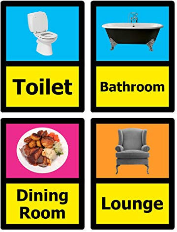Pack of 4. Toilet, Bathroom, Dining Room and Lounge Dementia Signs for People with Alzheimer's in Care Homes and households. Size 150mm x 200mm self Adhesive Stickers. Ideal for Internal Doors