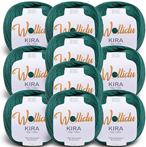 Wollidu Kira 100% Baumwolle zum Stricken und Häkeln 10 x 50g Set Häkelgarn Strickgarn - Dunkelgrün