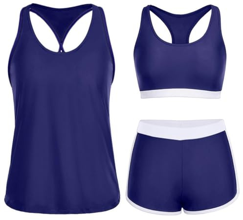 Yonique 3 Piece Athletic Tankini Swimsuits for Women with Shorts Swim Tank Tops with Sports Bra and Boyshorts Bathing Suits XXL Blue White