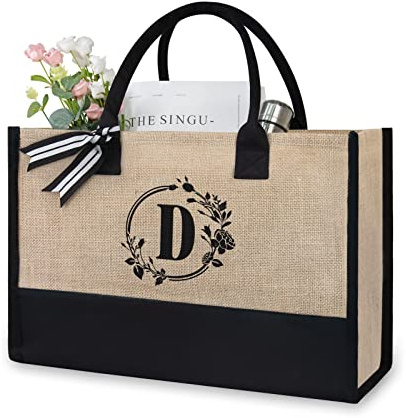 TOPDesign Bolsa de mano de yute con inicial, bolsa de regalo personalizada, adecuada para bodas, cumpleaños, playa, vacaciones, es un gran regalo para mujeres, mamá, amigos, damas de honor (letra D)