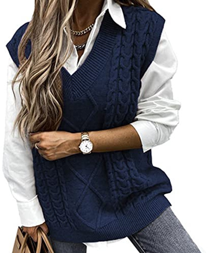 Voqeen Womens Sweater Vest Sleeveless Pullover Jumpers Knitted V Neck Stylish Loose Knitwear Tank Tops for Modern Ladies Girls