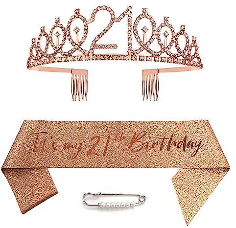 21. Geburtstag Schärpe Und Tiara, Krone 21 Roségold Kristall Geburtstagkrone Set, Rose Gold Geburtstagskrone Schärpe Deko Birthday Crown für Mädchen Frauen Birthday Party Accessoires