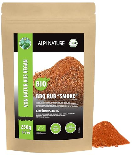 Alpi Nature Ekologisk BBQ Rub rökt smak (250g), kryddblandning för grillning, torr marinad, marinad för grillning 100 procent naturlig, utan konstgjorda tillsatser, ekologiska ingredienser