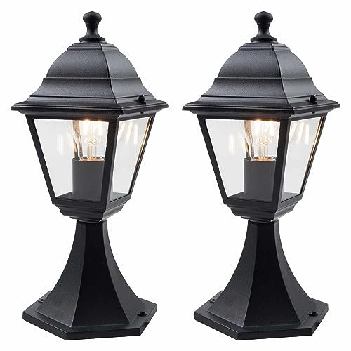 firstchoicelighting Set of 2 Modern Black with Clear Glass Lantern Design Outdoor Post Lights, Garden Pedestal Light, IP44 Rated, Compatible with LED Bulbs