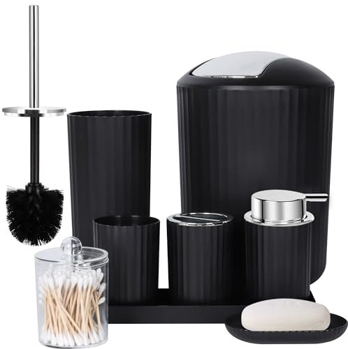 FEILANDUO Set completo di accessori da bagno, 8 pezzi con cestino, dispenser di sapone, portasapone, portaspazzolino, tazza per spazzolino, scopino per WC e porta Qtip, vassoio da toeletta, nero