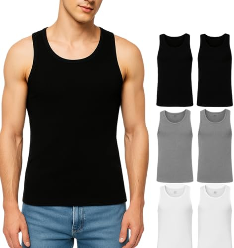 Athllete Men's Tank Top Undershirts 6-Pack, Cotton Sleeveless A-Shirts, Ribbed Mens Tanktops, Wife Beater Shirts