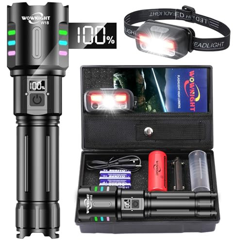WOWNIGHT Taschenlampe Led Aufladbar, Taschenlampe Extrem Hell 500000 lumen, Taktische Taschenlampe Batteriebetrieben, Starke Taschenlampe Mit Holster, Wasserdichte Taschenlampe für Notfälle Camping
