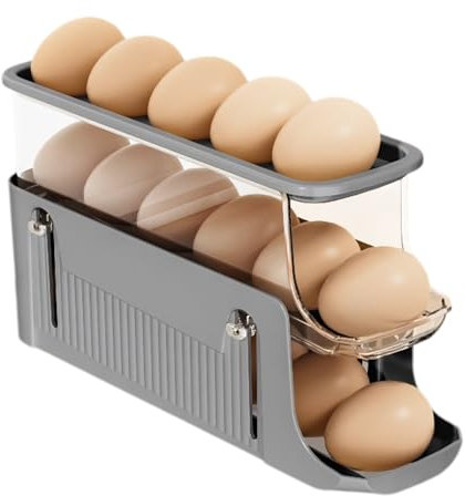Distributeur d'oeufs à 2 étages avec boîte, support d'oeufs, boîte d'organisation d'oeufs, distributeur d'oeufs roulant automatique pour réfrigérateur, bac à oeufs peu encombrant (Gris, 16 œufs)