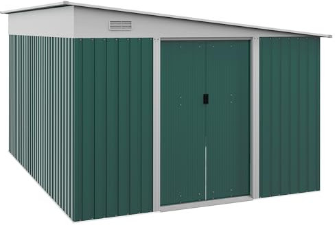 Outsunny 11.3 x 9.2ft Lean to Metal Garden Shed, Waterproof Outdoor Tool & Bike Storage Shed Galvanised with Lockable Double Sliding Doors, Pent Roof and 2 Air Vents, Green