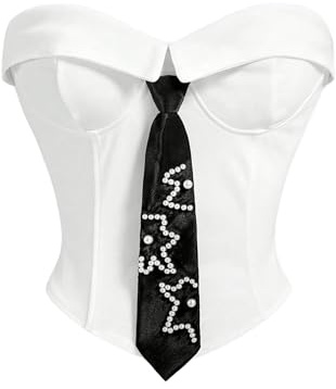 MakeMeChic Women's Beaded Strapless Bustier Bandeau Crop Top Asymmetrical Skinny Shirred Y2K Tube Tops with Tie White X-Small