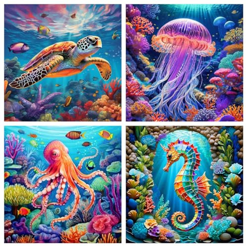 luckyarina 4 Stück Diamond Painting Erwachsene Meerestiere - Tiere Diamond Painting Set Erwachsene, 5D Diamant Painting Bilder Schildkröte Full Drill Set Crafts für Home Wand Décor 30x30cm