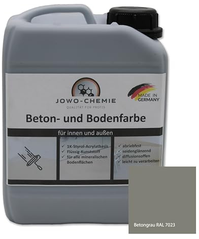 JOWO-CHEMIE Bodenfarbe (5kg) Betonfarbe Flüssig Kunststoff für 40m² Grauton Beton Estrichfarbe Beschichtungen für alle mineralischen Bodenflächen (Betongrau RAL 7023)