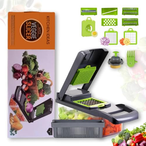 Vegetable Chopper Mandoline Slicer Cheese Grater - Veggie Onion Salad Food Chopper Manual – Potato Chipper - Multi-Functional - Kitchen Tools & Gadgets (14-in-1 Grey)