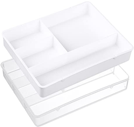 DOITOOL Lot De 2 Boîtes à Compartiments Pour Tiroir, Organisateur De Bureau Transparente Et Blanche, Rangement Multi-usages Pour Cosmétiques Et Papeterie, Pour Table Domestique Et Maquillage