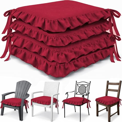 HAND Set 4 Cuscini per Sedie con Lacci Antiscivolo, Sfoderabili, Imbottitura Inclusa, Dimensioni con bordi 45x45 cm, Adatto per Cucina, Interni ed Esterno (Rosso)