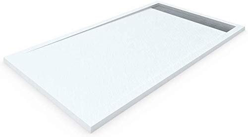 PLATO DE DUCHA DE RESINA CON MARCO LATERALES TEXTURA PIZARRA VALVULA INCLUIDA 80X140 Cm, BLANCO RAL 9003