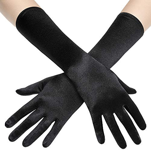 Coucoland Damhandskar, satin, klassisk opera, fest, Audrey Hepburn, handskar, 1920-tals handskar, damer, långa, korta, elastiska, Svart/38 cm, En Storlek