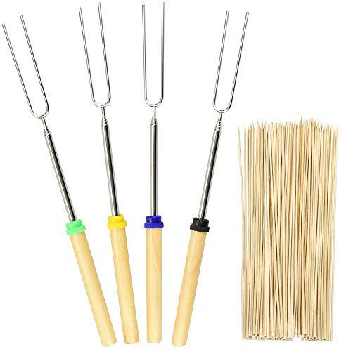 CODIRATO 4 PCS Grillgabeln mit 100 Bambusstöcken, Marshmallow-Bratstangen Ausziehbare Grillspieße für Hot Dogs, Würstchen, Marshmallows und Lagerfeuer