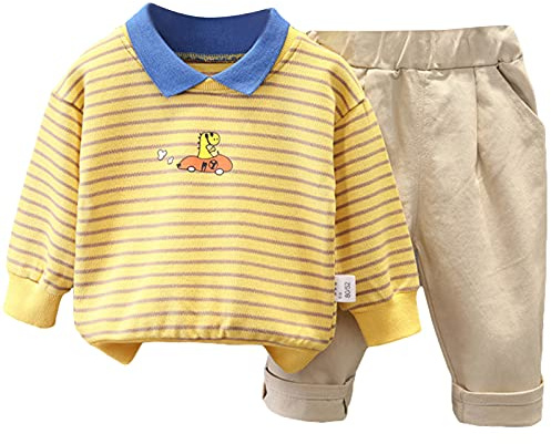amropi Bambino Neonato 2 Pezzi Completo a Righe Maniche Lunghe Maglione Top e Pantaloni Set Giallo Cachi, 1-2 Anni