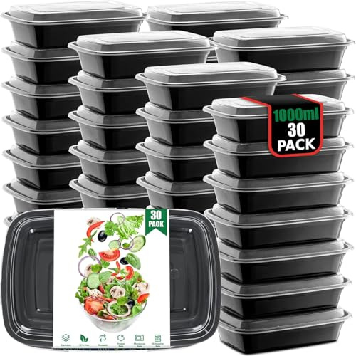 AKOLAFE Lot de 30 Barquette Plastique 1000ml Meal Prep Containers avec Couvercle Réutilisables Boites Alimentaires Sans BPA Boite Repas Convient pour réfrigérateur lave-vaisselle le micro-ondes