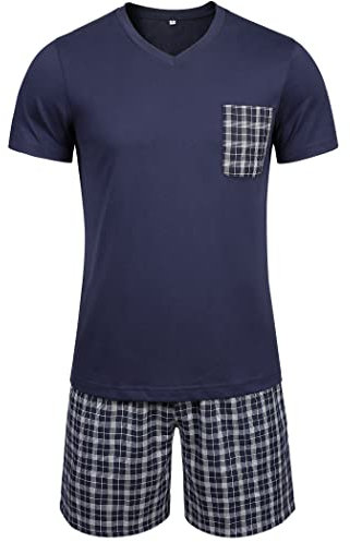 Winovia Herren Schlafanzug Kurz Pyjama 100% Baumwolle Kurzarm Nachtwäsche Shorty Schlafanzug Nightwear Set mit Karierter Hose Dunkelblau XL