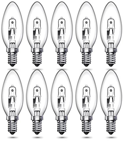 Luxvista 10-Pack 28W E14 Halogen Candle Light Bulbs, C35 SES Small Edison Screw Bulb E14 dimmable, Clear Glass E14 Candle Bulb Warm White 2700K for Chandelier, Wall Sconces, Pendants