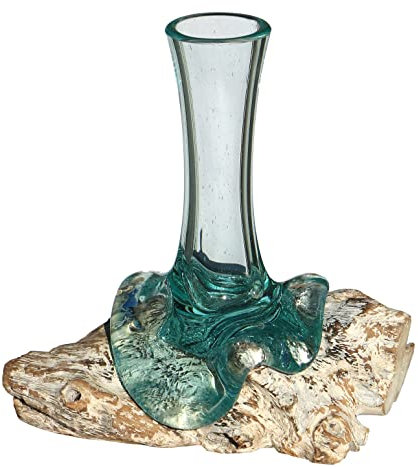 Wogeka - 20 cm Glas-Vase weiß auf Wurzel-Holz - Handarbeit im mediterranen Style als Geschenk-Idee zur Dekoration Classic 20w
