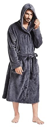 FashGudim Mens Hooded Robe Plush Shawl Collar Kimono Bathrobe Soft Warm Flannel Fleece Spa Robes House Coat Pajamas Calf Length with Pockets (Grey,6XL)