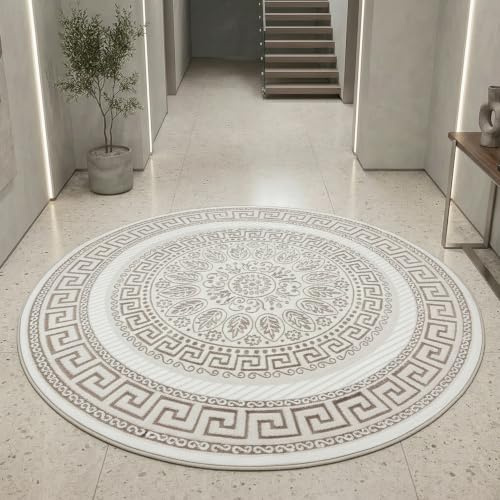 Teppich-Traum Matta dröm vardagsrum sovrum matta stor kort lugg matta designermatta modern ädel orientalisk glänsande ornament kräm beige 200 cm rund
