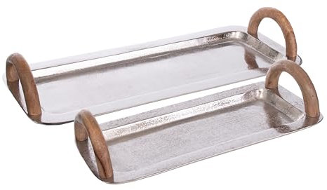 Brandsseller Bandeja para servir con asas de madera, juego de 2 unidades, rectangular, de aluminio y madera, plato decorativo, color plateado, 40 x 20 cm y 55 x 23 cm