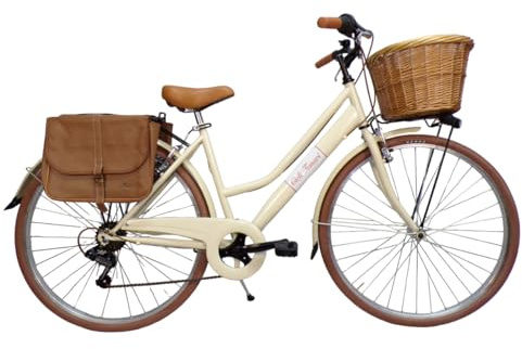 Cicli Tessari - bicicleta para mujer, bicicleta de ciudad, bicicleta de paseo de 28'' con cambio vintage retro beige, cesta de mimbre, bolsas laterales (beige)