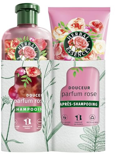 Herbal Essences Douceur Shampoing 250ml Et Après-Shampoing 200ml Parfum Rose, Nutrition pour Cheveux Secs, Ingrédients d'Origine Naturelle, Végan