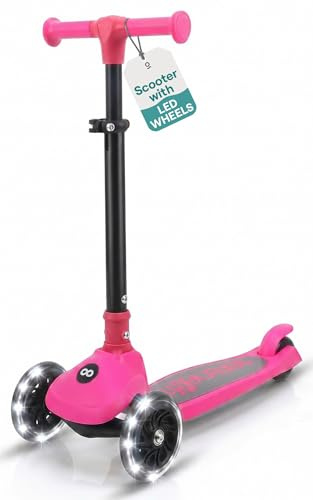 SereneLife Toddler Scooter, Adjustable Micro Scooter for Ages 2-5, Lightweight Kids 3 Wheel Design with LED Light-Up Wheels, Anti-Slip Deck & Lean-to-Steer Control, Indoor/Outdoor Use (Pink)