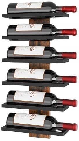 Hoctieon Wine rRack Wall Mounted for 6 Bottles, Wine Bottle Rack Glass Holder Display Shelf for Kitchen Bar Dining Room Living Room, Rustic Brown