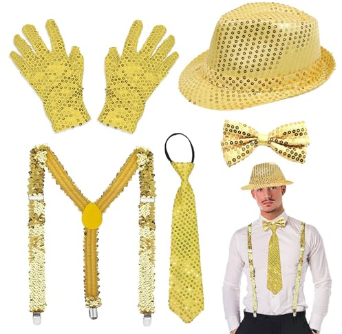 TUONYIS 5 Pezzi Set di Accessori da Discoteca con Paillettes, Cappello da Ballo Jazz Costume Papillon con Paillettes Bretelle Glitterate per Spettacolo Teatrale di Feste in Costume da Ballo (Oro)
